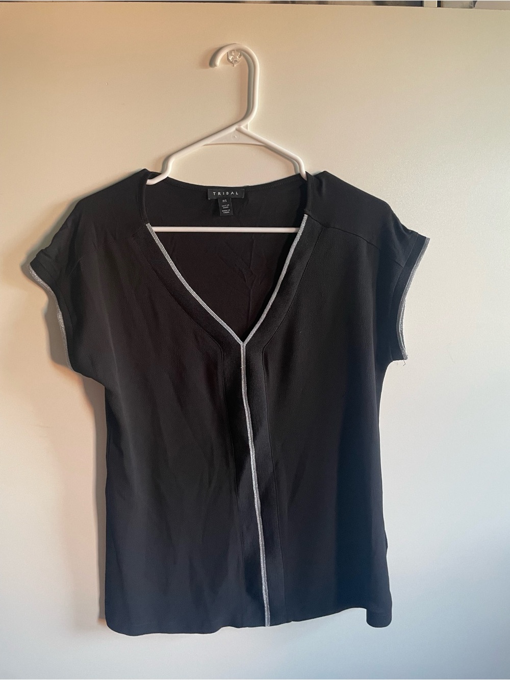 Tribal Black V-Neck Cap Sleeve Top with Light Gray Piping